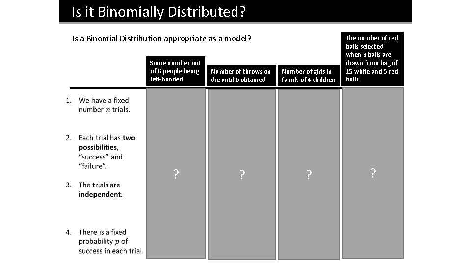 Is it Binomially Distributed? Is a Binomial Distribution appropriate as a model? Some number