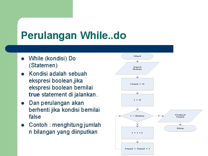 Perulangan While. . do l l While (kondisi) Do (Statemen) Kondisi adalah sebuah ekspresi