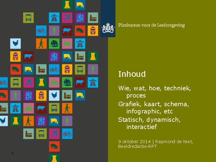 Inhoud Wie, wat, hoe, techniek, proces Grafiek, kaart, schema, infographic, etc Statisch, dynamisch, interactief