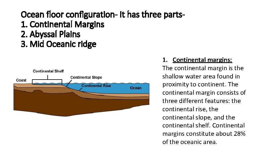 Ocean floor configuration- It has three parts 1. Continental Margins 2. Abyssal Plains 3.
