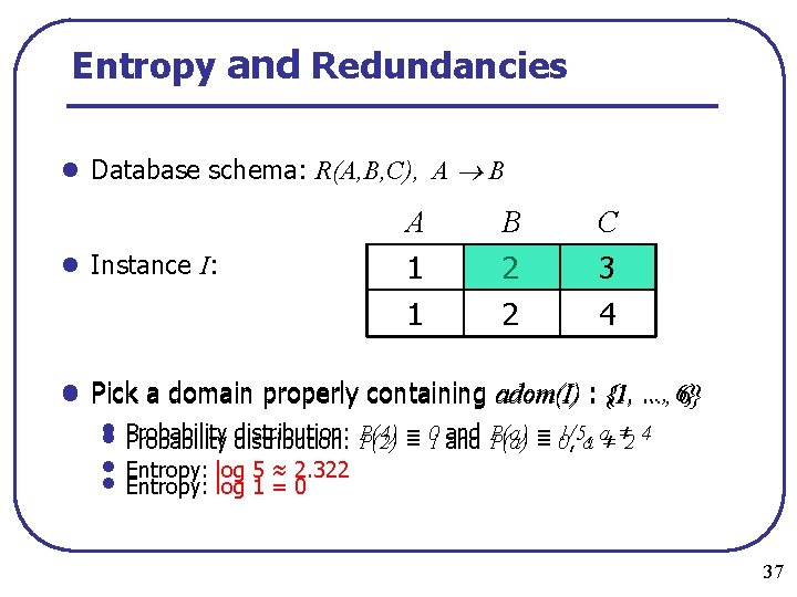 Entropy and Redundancies l Database schema: R(A, B, C), A B l Instance I: