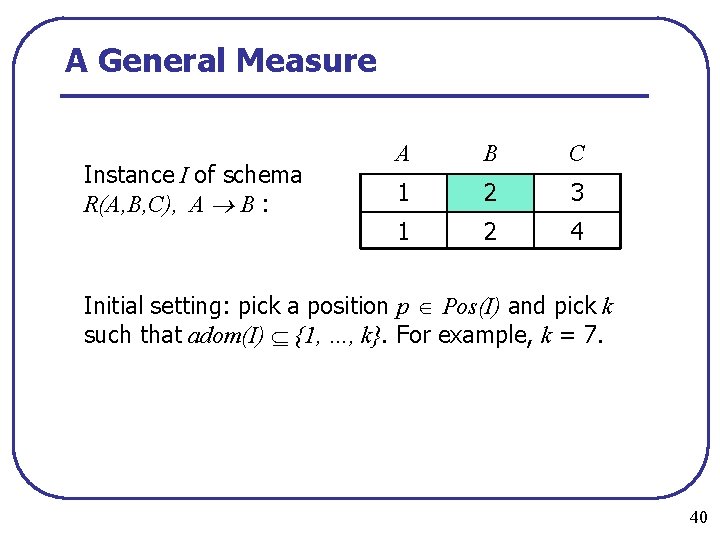 A General Measure Instance I of schema R(A, B, C), A B : A