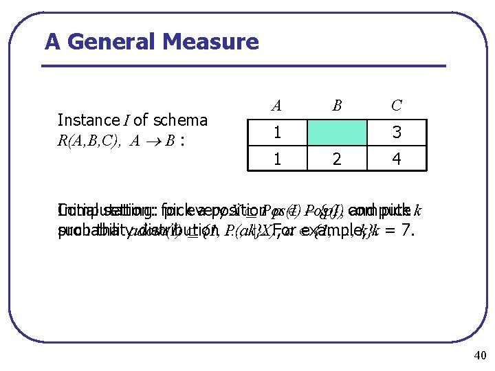 A General Measure Instance I of schema R(A, B, C), A B : A