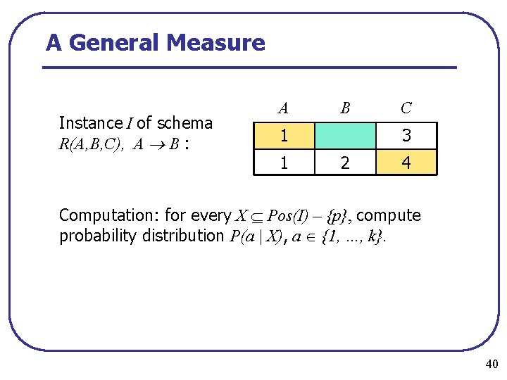 A General Measure Instance I of schema R(A, B, C), A B : A