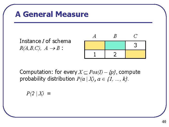 A General Measure Instance I of schema R(A, B, C), A B : A