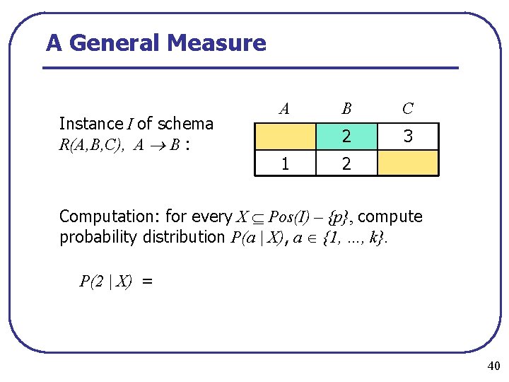 A General Measure Instance I of schema R(A, B, C), A B : A