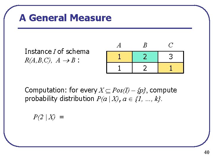 A General Measure Instance I of schema R(A, B, C), A B : A