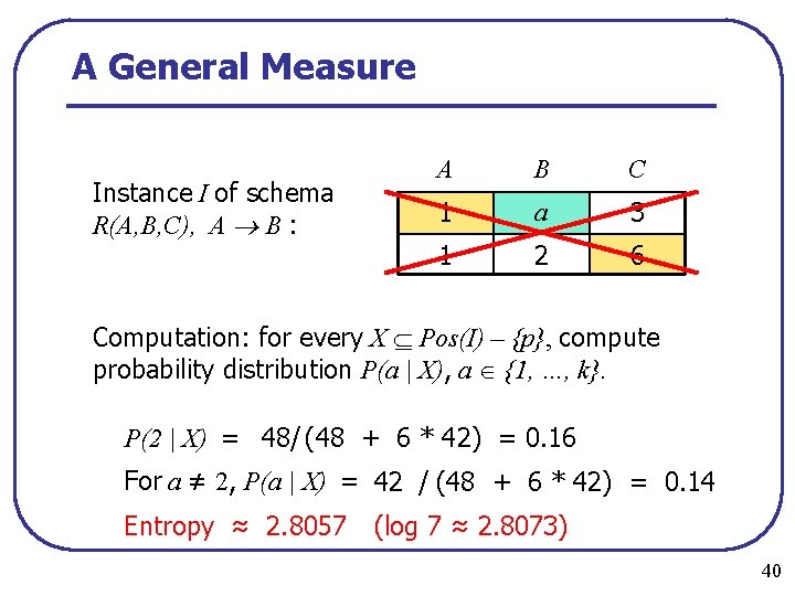 A General Measure Instance I of schema R(A, B, C), A B : A