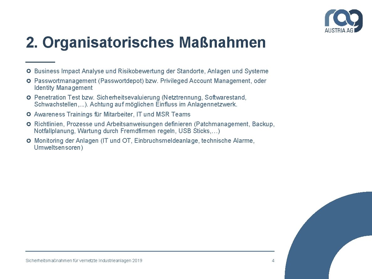 2. Organisatorisches Maßnahmen Business Impact Analyse und Risikobewertung der Standorte, Anlagen und Systeme Passwortmanagement