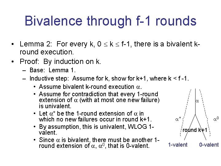 Bivalence through f-1 rounds • Lemma 2: For every k, 0 k f-1, there