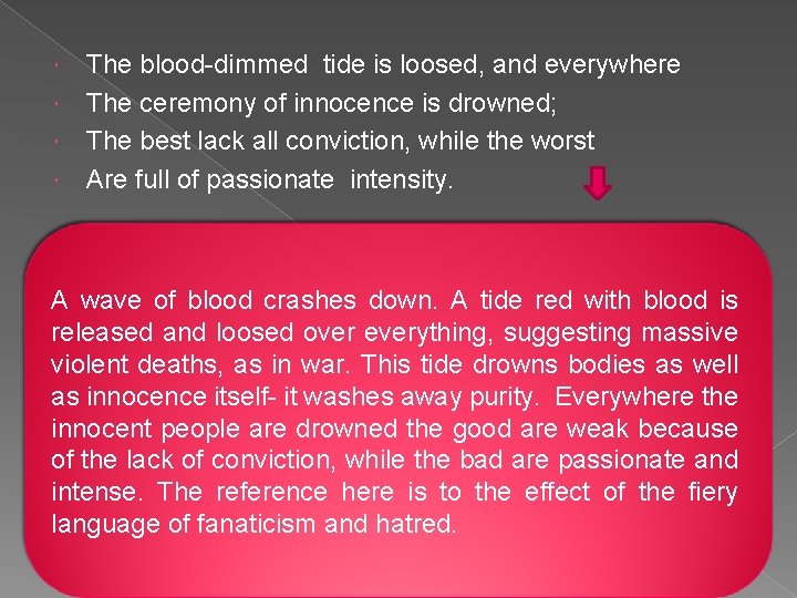 The blood-dimmed tide is loosed, and everywhere The ceremony of innocence is drowned; The