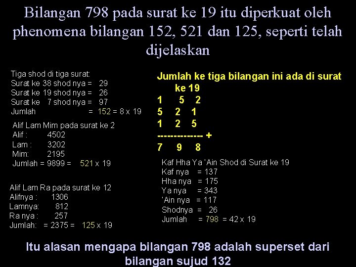 Bilangan 798 pada surat ke 19 itu diperkuat oleh phenomena bilangan 152, 521 dan