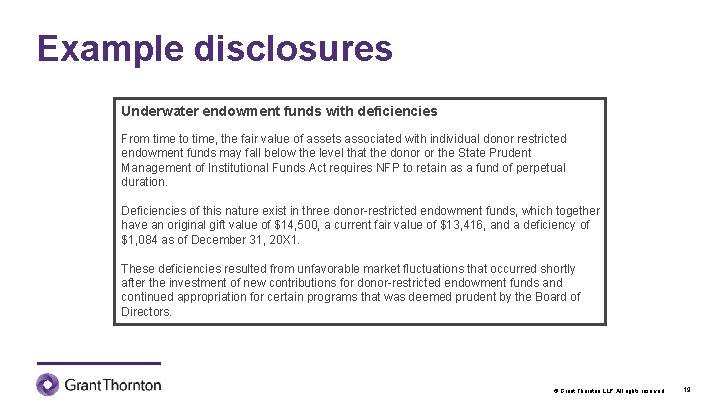 Example disclosures Underwater endowment funds with deficiencies From time to time, the fair value