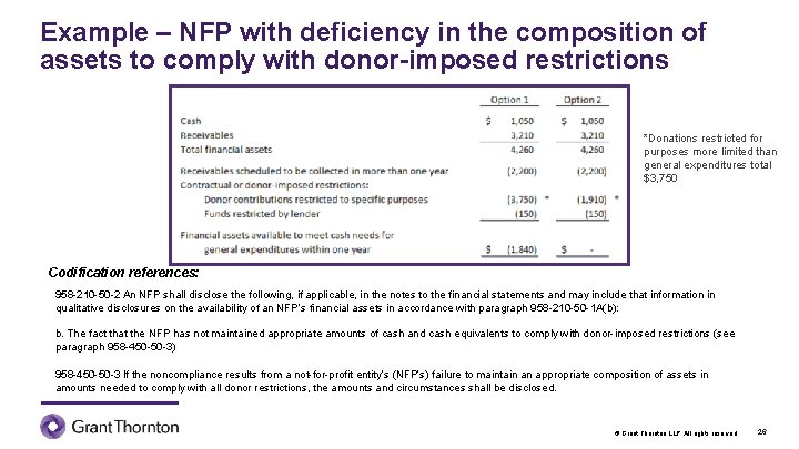 Example – NFP with deficiency in the composition of assets to comply with donor-imposed