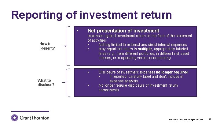 Reporting of investment return • How to present? Net presentation of investment expenses against