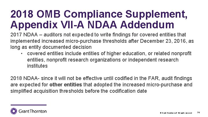 2018 OMB Compliance Supplement, Appendix VII-A NDAA Addendum 2017 NDAA – auditors not expected