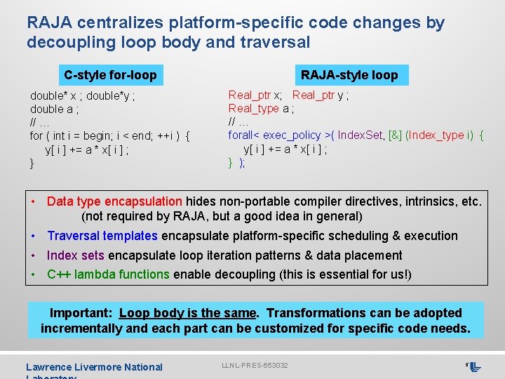 RAJA centralizes platform-specific code changes by decoupling loop body and traversal C-style for-loop double*