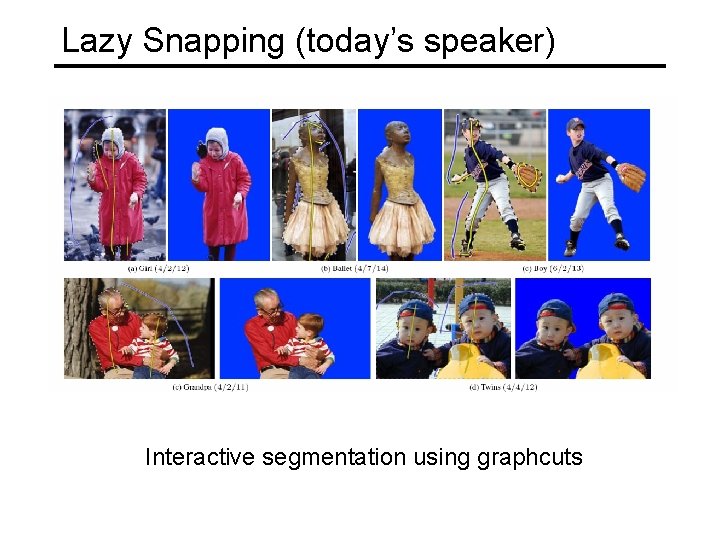 Lazy Snapping (today’s speaker) Interactive segmentation using graphcuts 