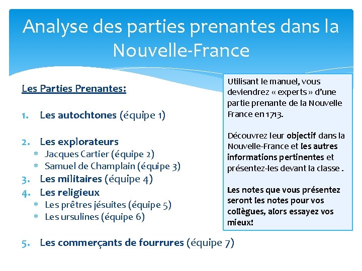 Analyse des parties prenantes dans la Nouvelle-France Les Parties Prenantes: 1. Les autochtones (équipe