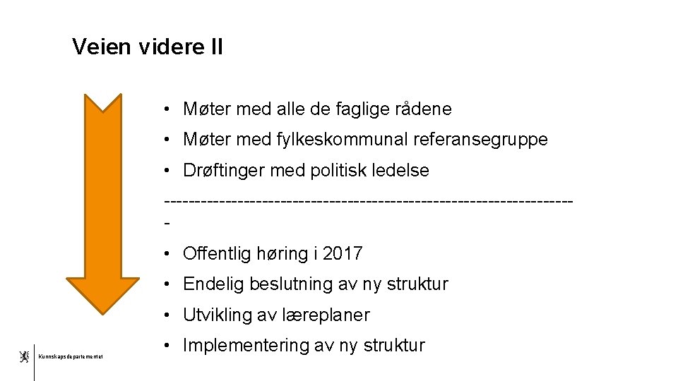 Veien videre II • Møter med alle de faglige rådene • Møter med fylkeskommunal