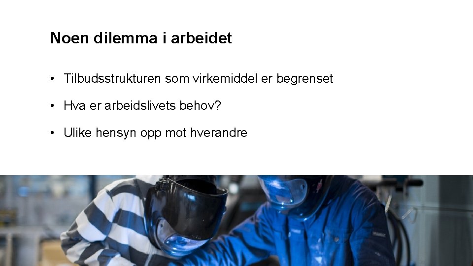 Noen dilemma i arbeidet • Tilbudsstrukturen som virkemiddel er begrenset • Hva er arbeidslivets