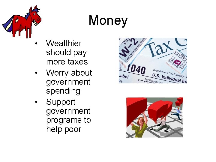 Money • • • Wealthier should pay more taxes Worry about government spending Support