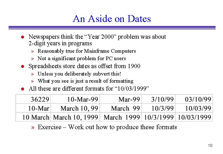 An Aside on Dates l Newspapers think the “Year 2000” problem was about 2