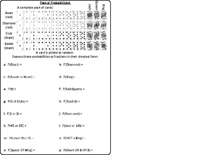 Heart (red) Diamond (red) Club (black) Spade (black) A card is picked at random.