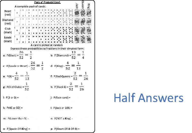 King Queen Jack Pack o’ Probabilities! A complete pack of cards: Heart (red) Diamond