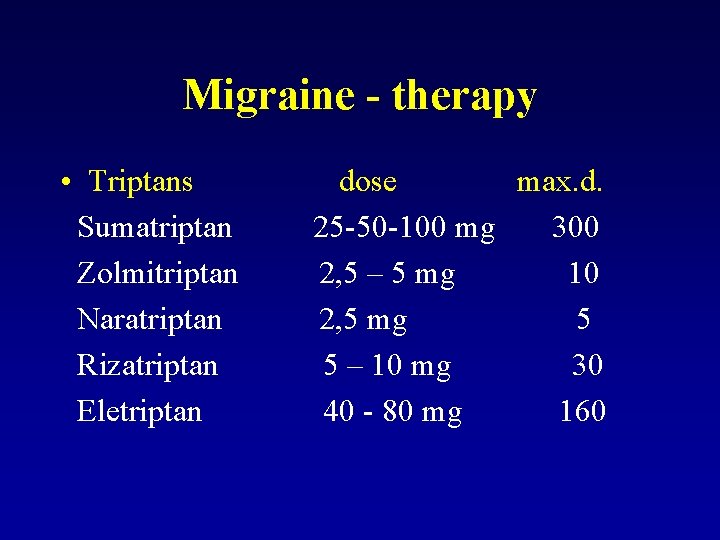 Migraine - therapy • Triptans Sumatriptan Zolmitriptan Naratriptan Rizatriptan Eletriptan dose max. d. 25