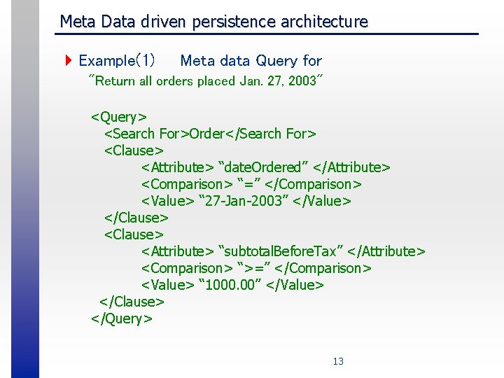 Meta Data driven persistence architecture 4 Example(1) Meta data Query for "Return all orders