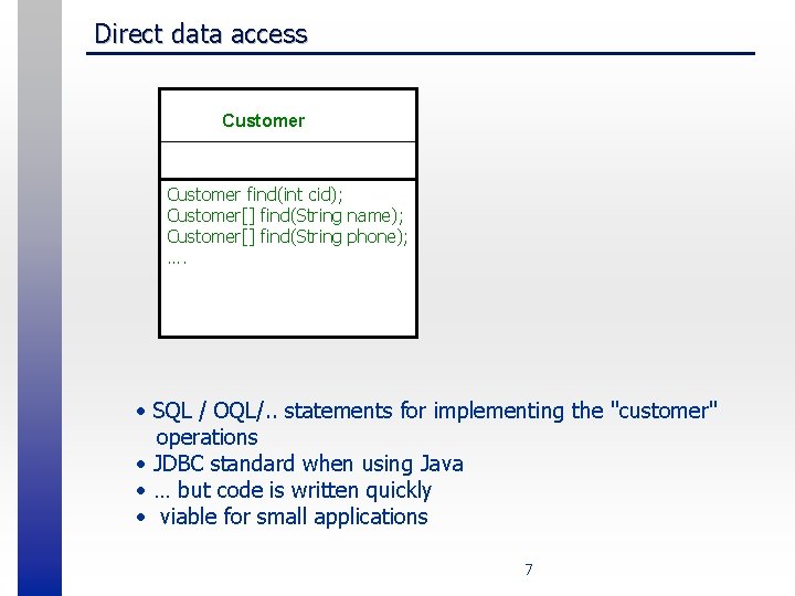Direct data access Customer find(int cid); Customer[] find(String name); Customer[] find(String phone); …. •