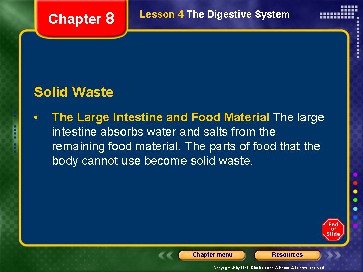 Chapter 8 Lesson 4 The Digestive System Solid Waste • The Large Intestine and
