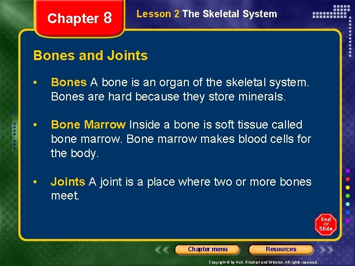 Chapter 8 Lesson 2 The Skeletal System Bones and Joints • Bones A bone