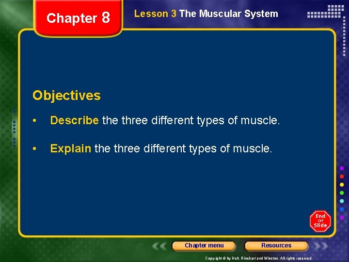 Chapter 8 Lesson 3 The Muscular System Objectives • Describe three different types of