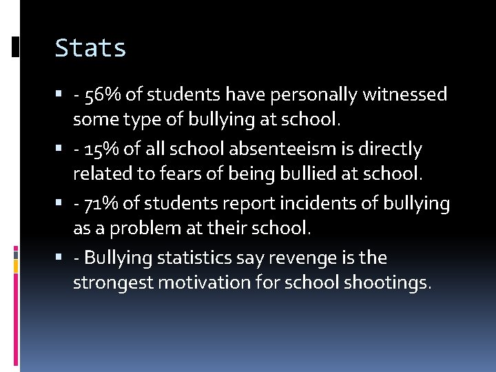 Stats - 56% of students have personally witnessed some type of bullying at school.