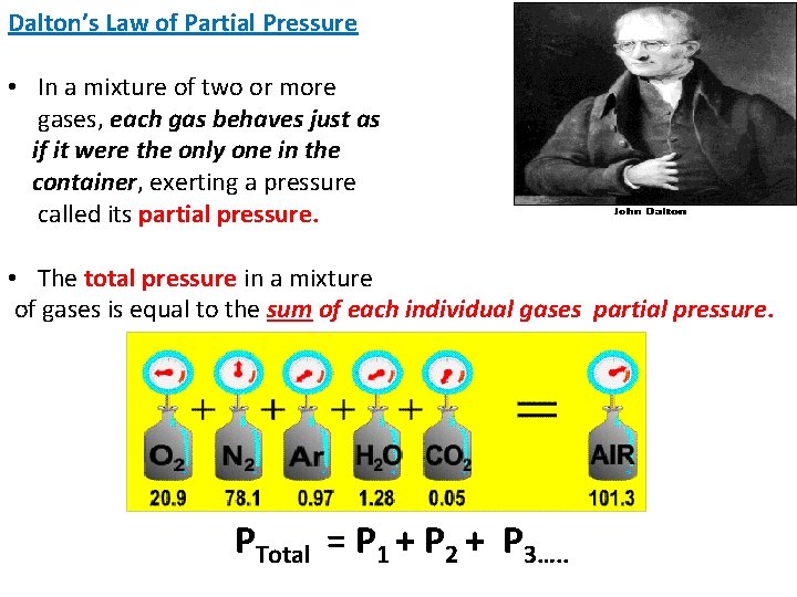 Dalton’s Law of Partial Pressure • In a mixture of two or more gases,