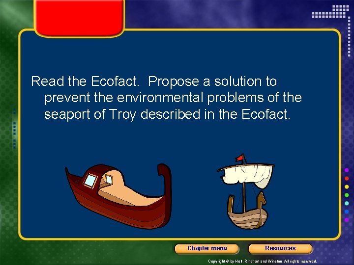 Read the Ecofact. Propose a solution to prevent the environmental problems of the seaport