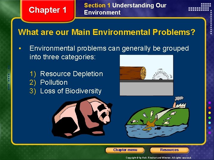 Chapter 1 Section 1 Understanding Our Environment What are our Main Environmental Problems? • Chapter 1 Section 1 Understanding Our Environment What are our Main Environmental Problems? •