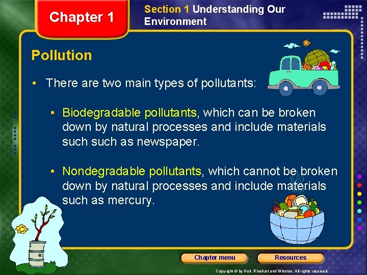 Chapter 1 Section 1 Understanding Our Environment Pollution • There are two main types