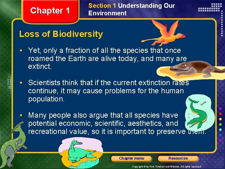 Chapter 1 Section 1 Understanding Our Environment Loss of Biodiversity • Yet, only a