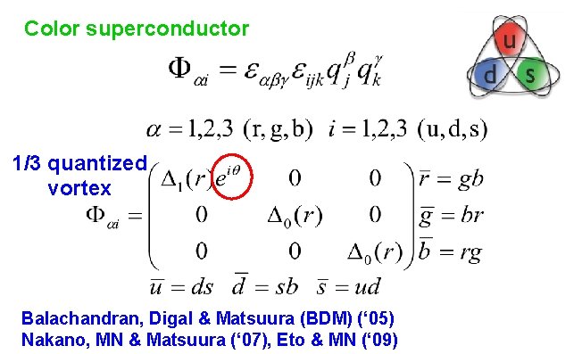 Color superconductor 1/3 quantized vortex Balachandran, Digal & Matsuura (BDM) (‘ 05) Nakano, MN
