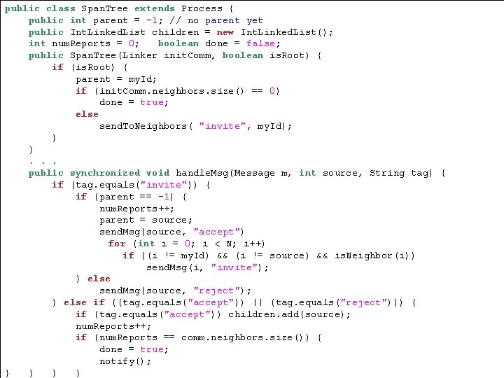 public class Span. Tree extends Process { public int parent = -1; // no