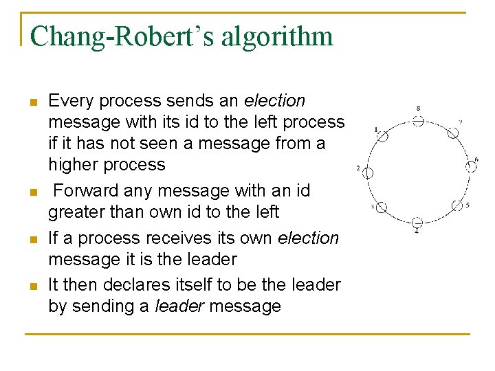 Chang-Robert’s algorithm n n Every process sends an election message with its id to