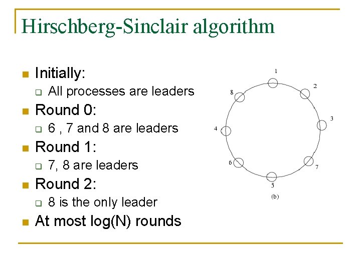 Hirschberg-Sinclair algorithm n Initially: q n Round 0: q n 7, 8 are leaders