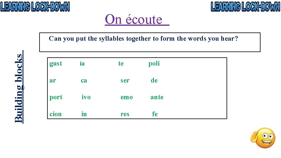 On écoute Building blocks Can you put the syllables together to form the words