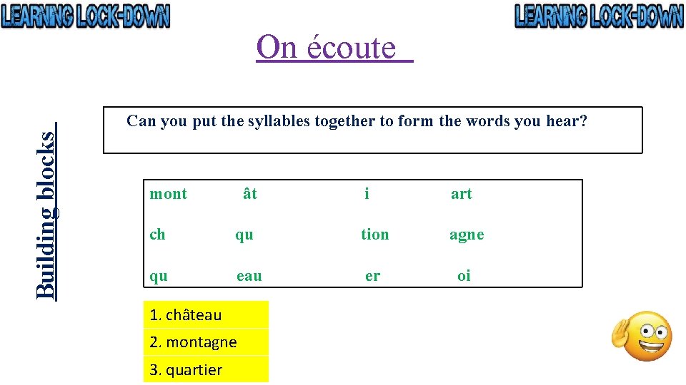 On écoute Building blocks Can you put the syllables together to form the words