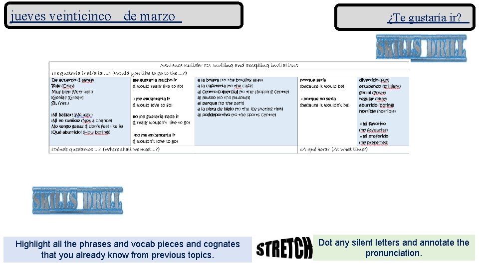 jueves veinticinco de marzo Highlight all the phrases and vocab pieces and cognates that