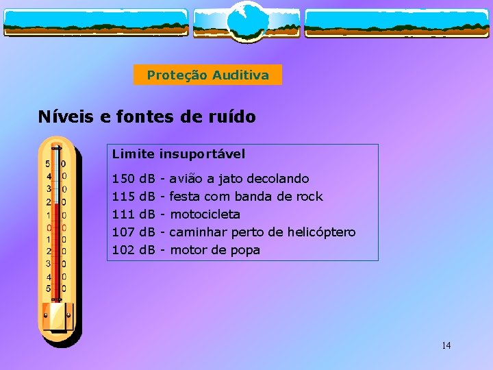 Proteção Auditiva Níveis e fontes de ruído Limite insuportável 150 115 111 107 102