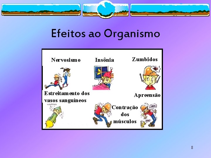 Efeitos ao Organismo Nervosismo Estreitamento dos vasos sanguíneos Insônia Zumbidos Apreensão Contração dos músculos